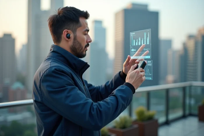 Homme utilisant une interface en réalité augmentée depuis un bracelet connecté sur un toit urbain, symbolisant les nouvelles technologies