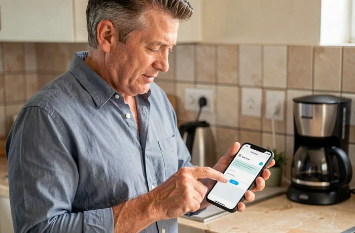 Homme consultant un email de réinitialisation de mot de passe sur son smartphone dans une cuisine