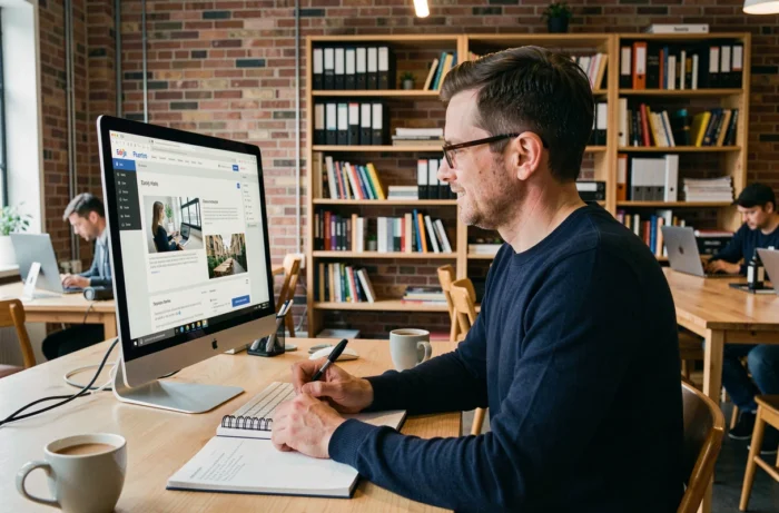 Homme prenant des notes en explorant des ressources en ligne dans un espace de coworking