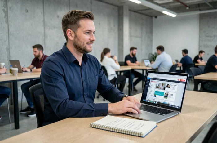 Homme consultant des ressources de formation en ligne dans un espace de coworking avec un ordinateur portable et des notes manuscrites