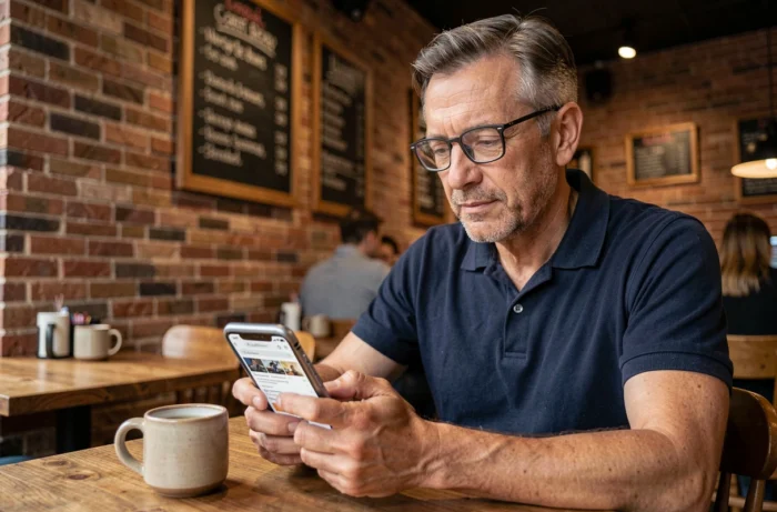 Homme utilisant son smartphone dans un café pour rechercher la nouvelle adresse d'un site de téléchargement en ligne