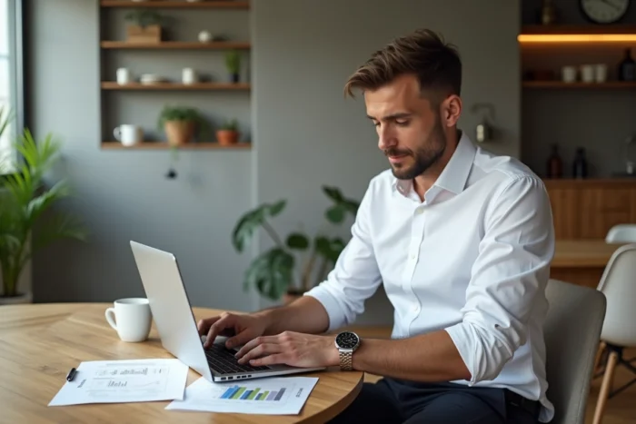 Homme travaillant sur une stratégie d'investissement immobilier sur ordinateur dans un appartement rénové