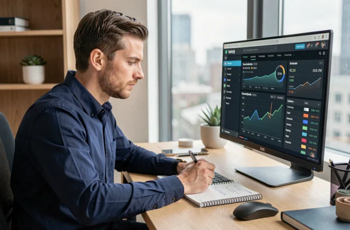 Homme concentré devant un écran affichant un tableau de bord blockchain pour débuter avec Robthecoins sans erreurs