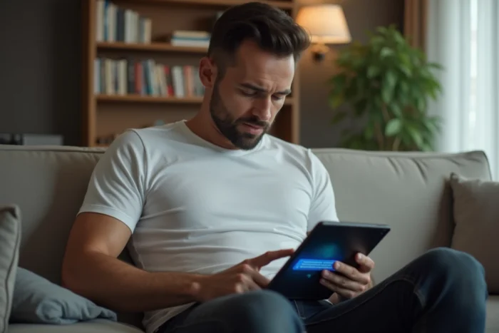 Homme consultant une tablette affichant une erreur d'attente réseau sur Messenger dans un salon moderne
