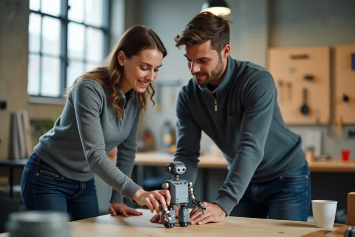 Deux ingénieurs examinant un prototype de robot humanoïde dans un studio de startup, représentant les avancées technologiques récentes