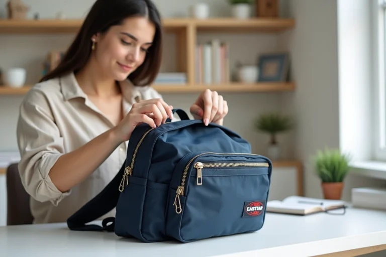Femme inspectant les coutures et le logo d'un sac à dos Eastpak authentique pour détecter une contrefaçon