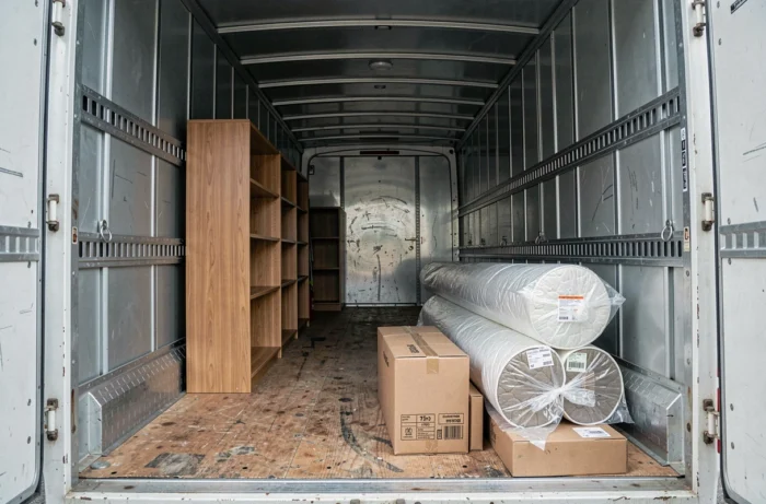 Intérieur organisé d'un camion 15m3 montrant l'optimisation de l'espace avec meubles et cartons bien disposés