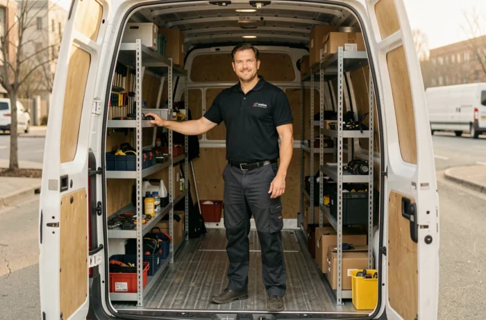 Artisan debout à l'intérieur d'un fourgon H3 grande hauteur, illustrant l'espace de chargement et la hauteur utile intérieure