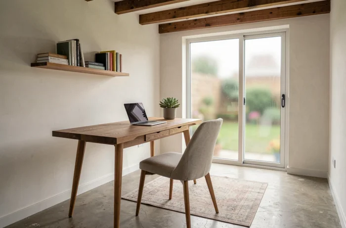 Intérieur aménagé d'un studio de jardin avec bureau en bois, étagères et fenêtres donnant sur le jardin