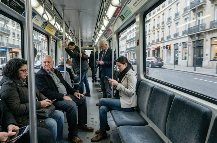 Intérieur du tramway ligne 2 de Nantes avec des voyageurs assis et debout en direction du centre-ville