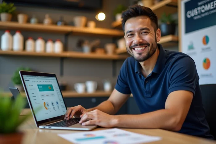 Entrepreneur concevant un programme de fidélisation client sur ordinateur dans l'arrière-boutique de son commerce