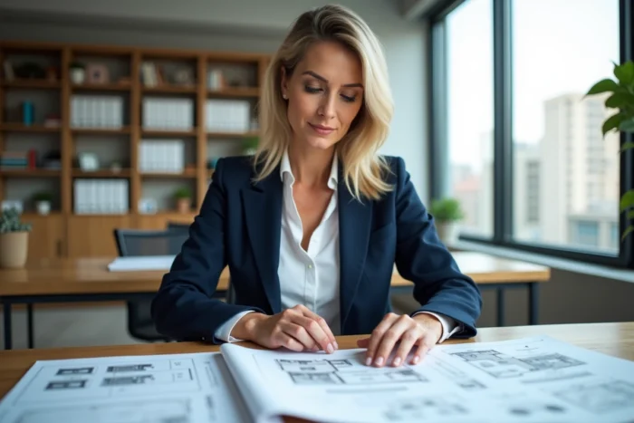 Femme investisseuse immobilière analysant des documents et plans de propriété dans un bureau moderne en 2024