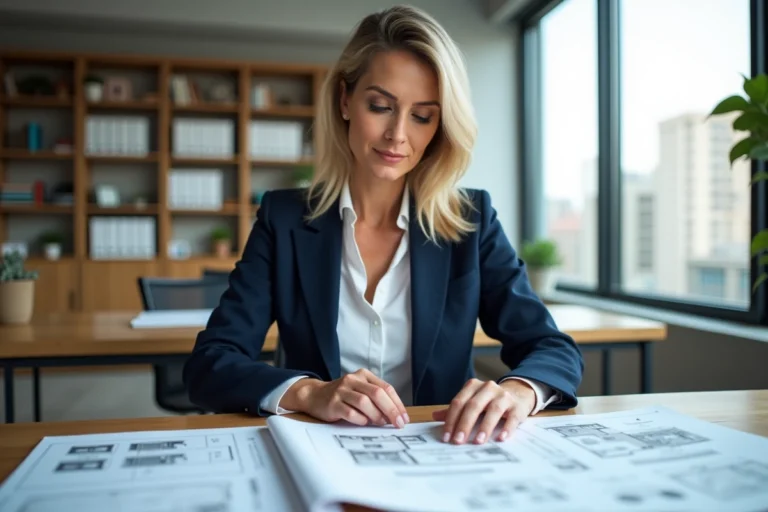 Femme investisseuse immobilière analysant des documents et plans de propriété dans un bureau moderne en 2024