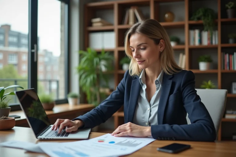 Femme investisseur immobilier analysant des documents LMNP et des tableaux financiers dans un bureau moderne