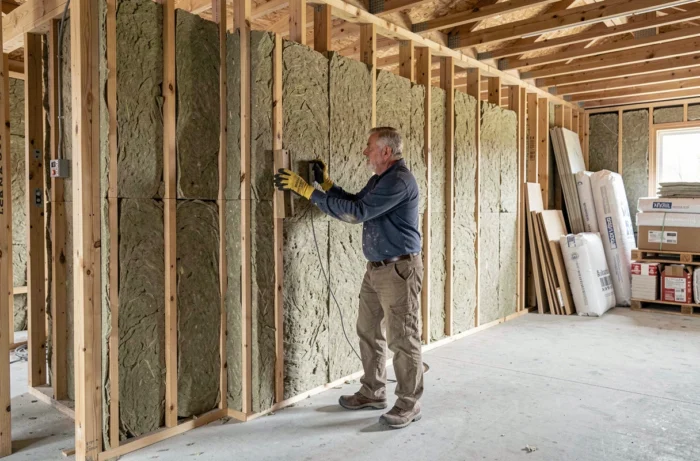 Artisan posant des panneaux d'isolation thermique dans les murs d'une maison en rénovation pour économiser sur le chauffage