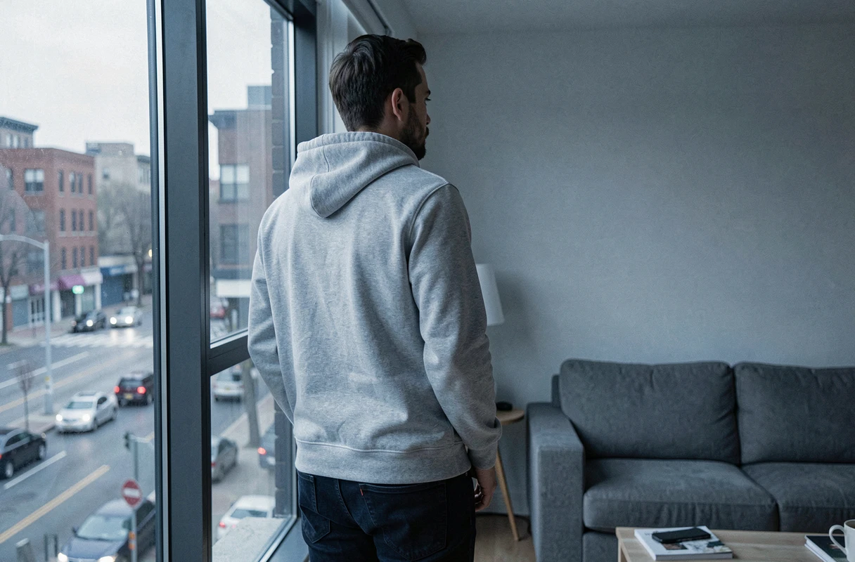 Jeune homme adulte regardant par la fenêtre de son appartement, symbolisant la prise de distance avec sa famille