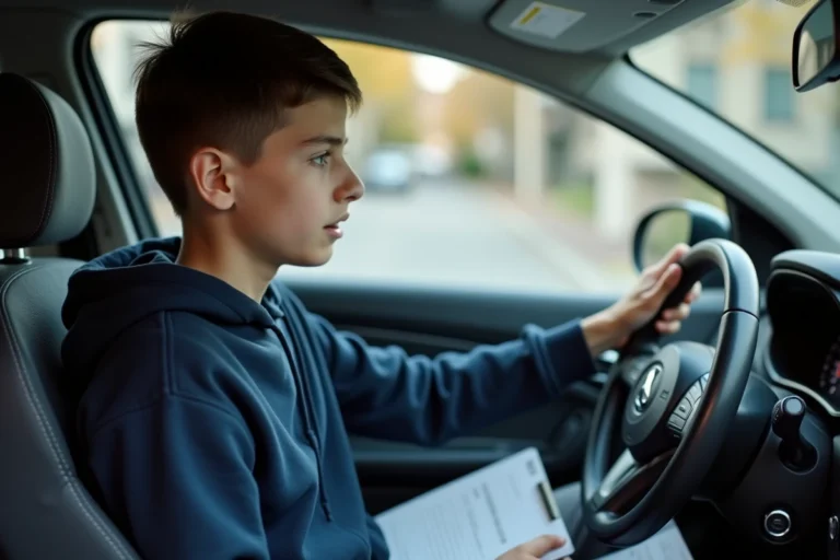 Jeune conducteur de 16 ans au volant d'une voiture accompagné d'un moniteur d'auto-école