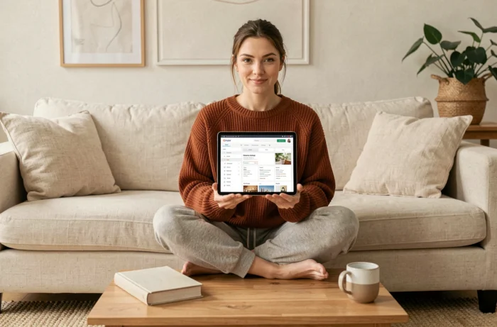 Jeune femme explorant un site de ressources sur une tablette depuis son canapé confortable