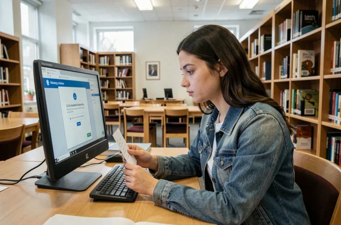 Jeune femme consultant une page de vérification en deux étapes sur un ordinateur en bibliothèque