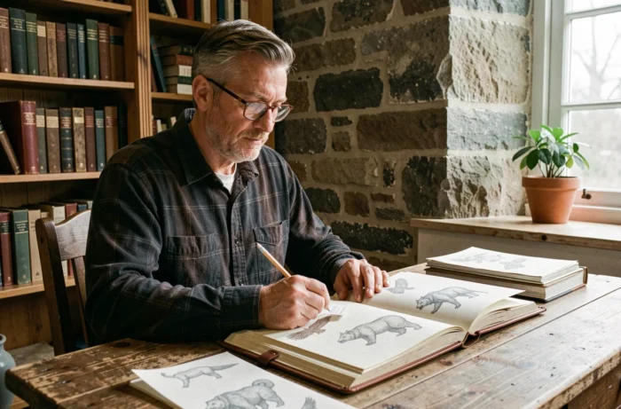 Homme consultant un journal spirituel avec des illustrations d'animaux totems sur un bureau en bois