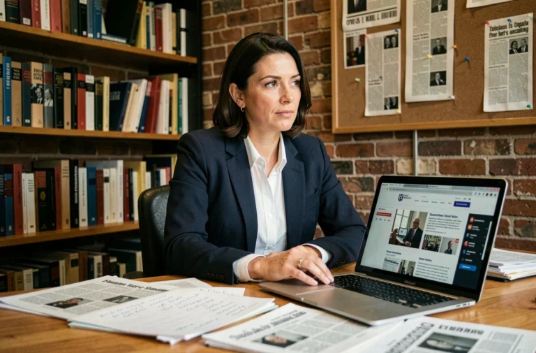 Journaliste indépendante travaillant dans une salle de rédaction avec des articles imprimés et un ordinateur portable, illustrant le contenu exclusif d'un média dissident