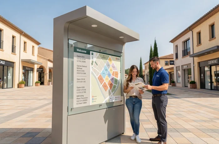 Kiosque d'information et panneau des horaires et magasins du village des marques Miramas