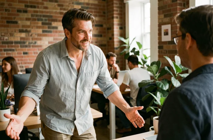 Homme adaptant son langage corporel ouvert et détendu lors d'un échange informel dans un espace de co-working
