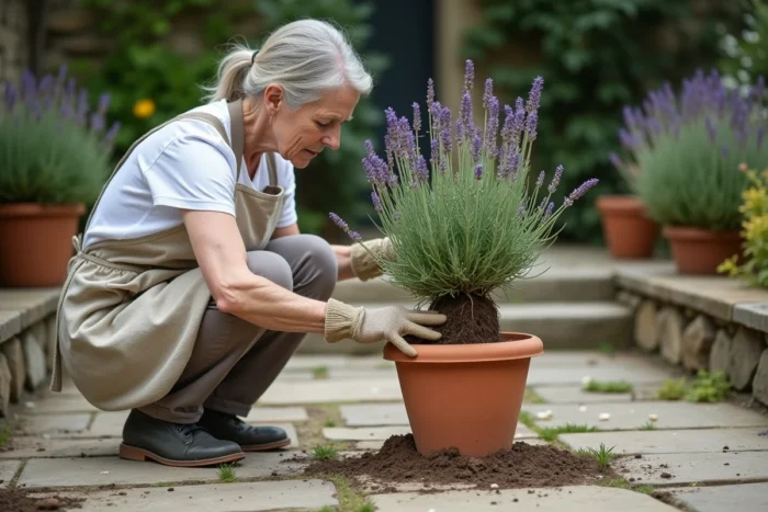 Jardinière inspectant les racines d'un pied de lavande dépérissant dans un pot en terre cuite sur une terrasse en pierre