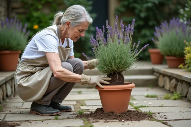 Jardinière inspectant les racines d'un pied de lavande dépérissant dans un pot en terre cuite sur une terrasse en pierre