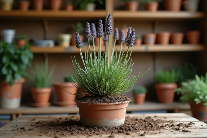 Gros plan sur un pied de lavande malade avec feuillage jaunissant et tiges ligneuses dans un pot céramique sur un établi de jardinage