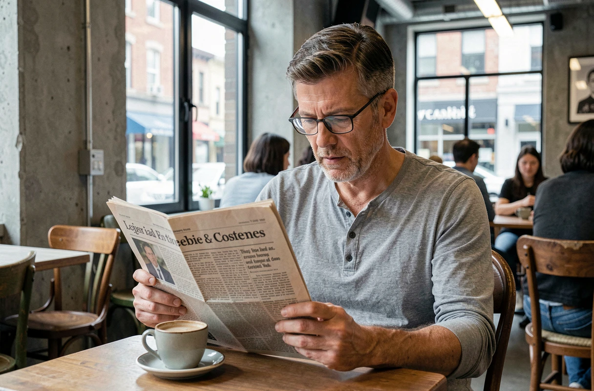 Homme lisant un journal indépendant dans un café urbain, symbolisant la consultation de rubriques alternatives et de contenus exclusifs d'un média dissident