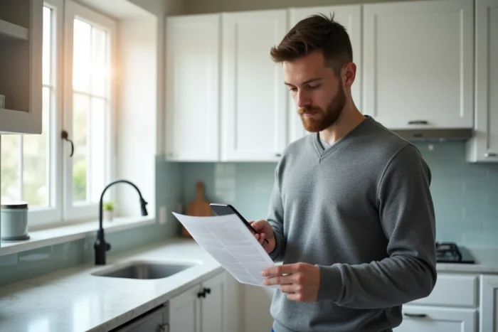 Homme lisant un courrier de Cetelem dans sa cuisine en tenant son smartphone pour effectuer un suivi de contact