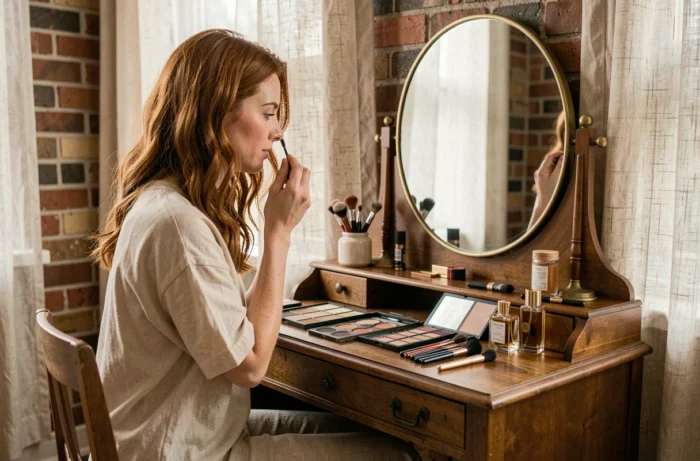 Femme appliquant du mascara devant une coiffeuse vintage entourée de produits de maquillage