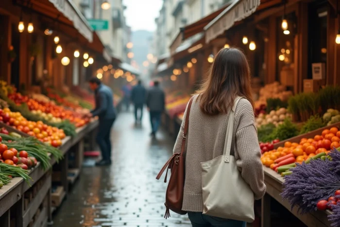 Jeune femme parcourant les étals colorés d'un marché local tôt le matin dans la brume matinale
