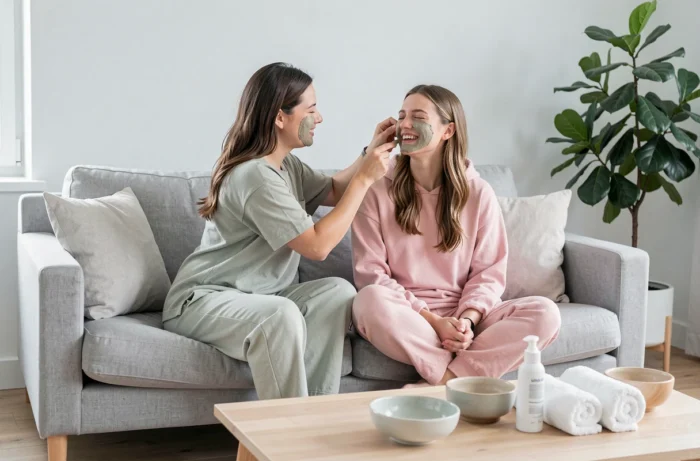 Deux femmes appliquant un masque visage sur un canapé lors d'une séance de soins beauté entre amies