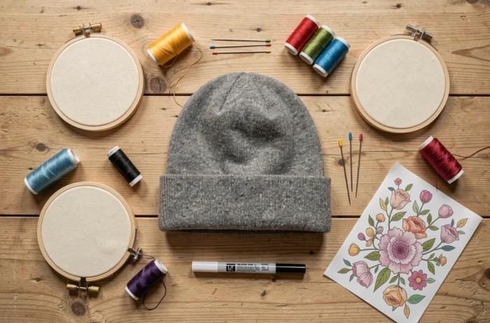 Pose à plat de matériel de broderie pour personnaliser un bonnet : fils, aiguilles, cerceau et patron floral sur table en bois