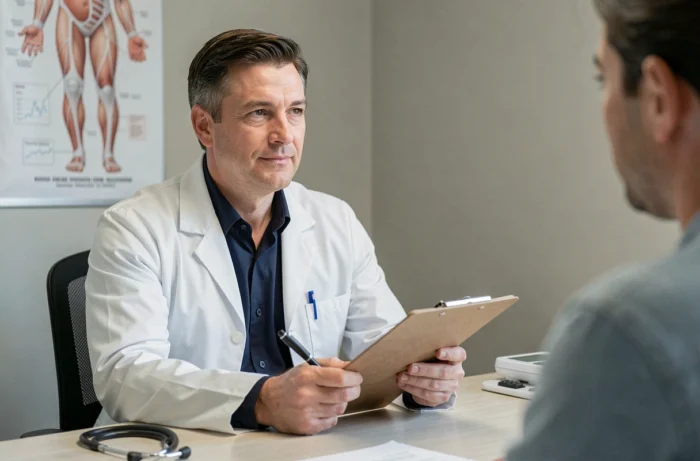 Médecin généraliste en consultation avec un patient dans un cabinet médical moderne pour diagnostiquer une maladie courante