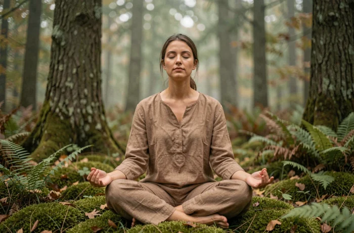 Femme en méditation dans une forêt automnale pour découvrir son animal totem spirituel