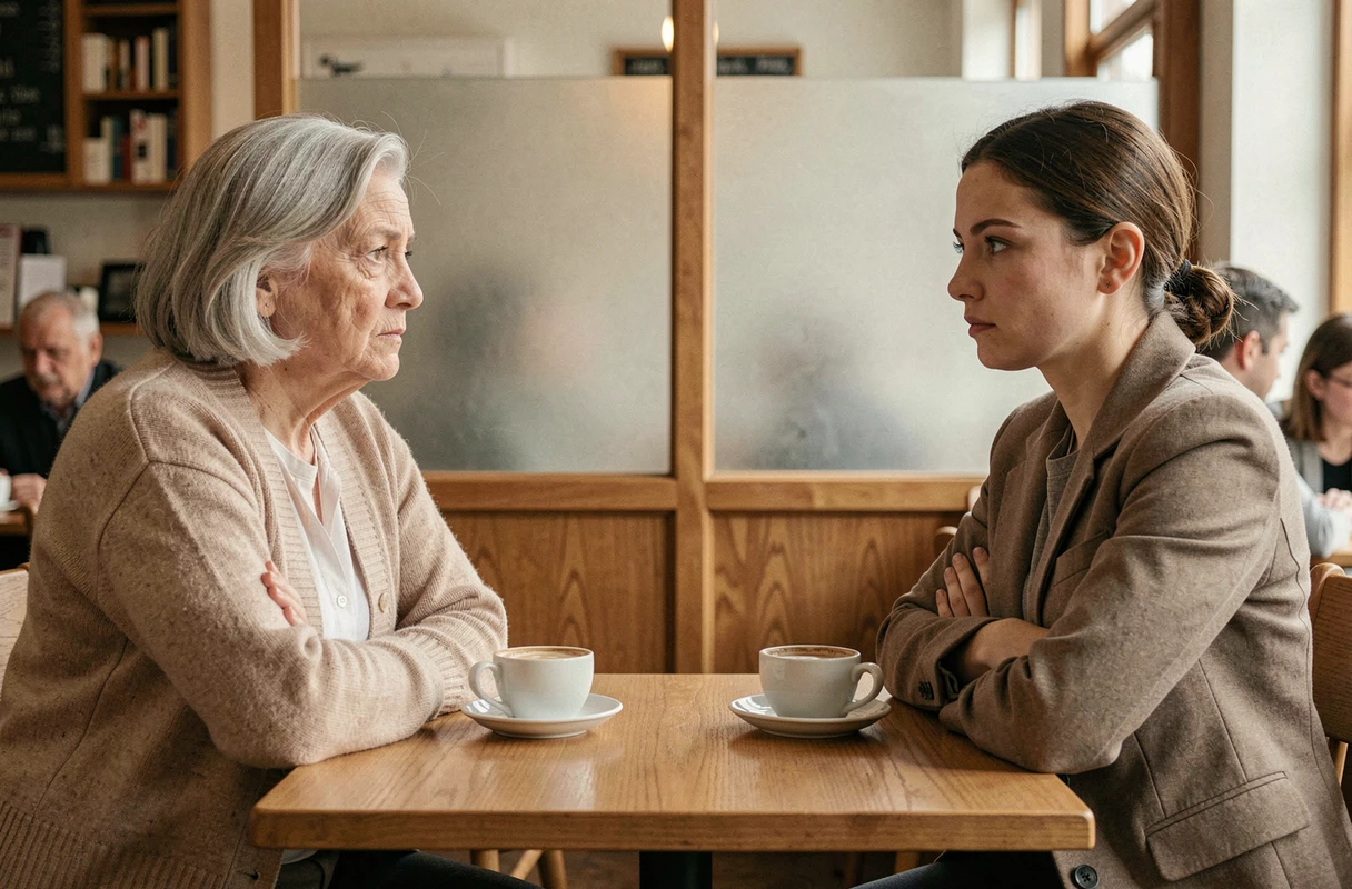 Mère et fille adulte assises face à face dans un café avec un langage corporel fermé, illustrant la tension relationnelle entre parents et enfants adultes