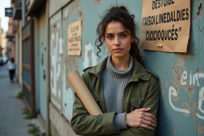 Femme militante debout devant un mur urbain couvert d'affiches, symbolisant l'engagement pour une transformation radicale de la société et la communisation