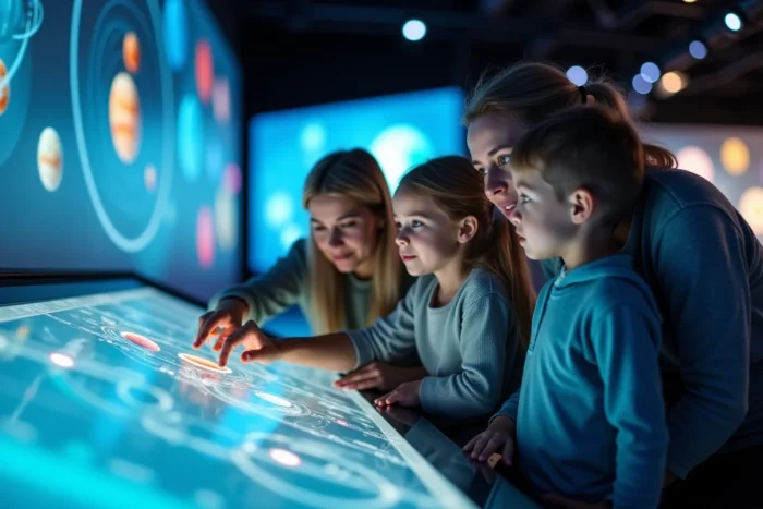 Famille explorant une exposition interactive dans un musée moderne, enfants et parents engagés ensemble