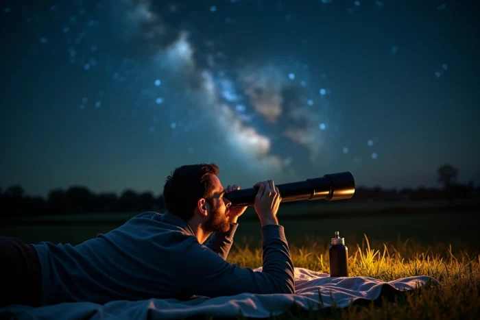 Homme observant les étoiles allongé dans un champ rural avec un télescope portable sous la Voie lactée