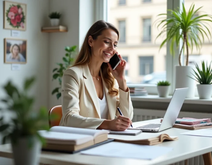 Organisatrice de mariage en blazer crème assise à son bureau, parlant au téléphone tout en prenant des notes entourée de classeurs et d'échantillons de tissu