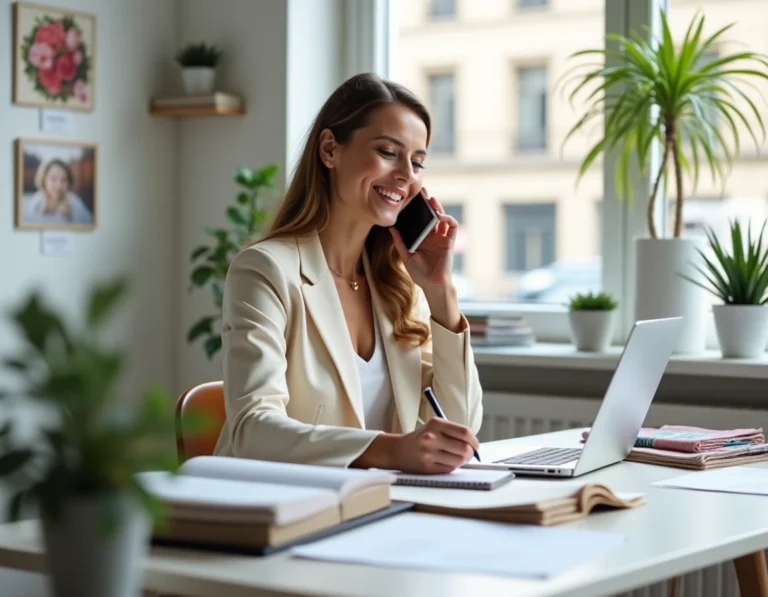 Organisatrice de mariage en blazer crème assise à son bureau, parlant au téléphone tout en prenant des notes entourée de classeurs et d'échantillons de tissu