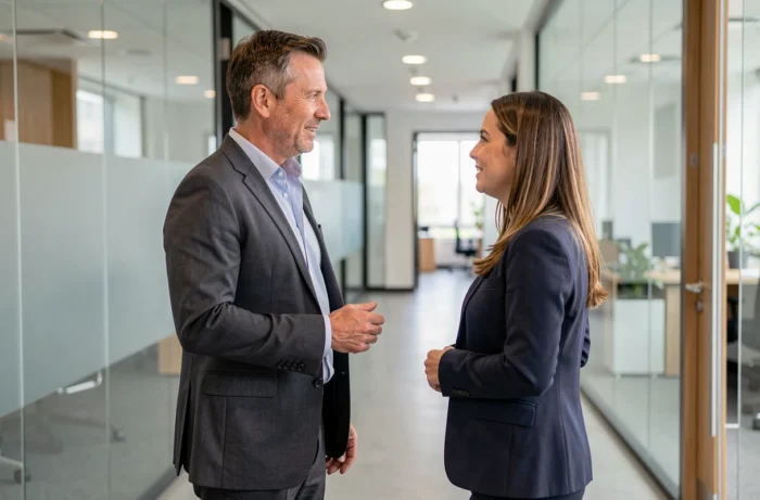 Homme orientant physiquement son corps et ses pieds vers son interlocutrice principale lors d'une conversation debout dans un couloir d'entreprise