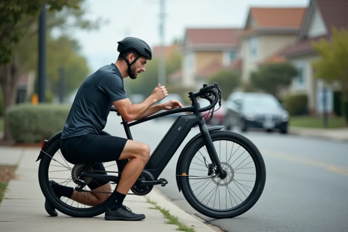 Cycliste inspectant la batterie d'un vélo électrique Decathlon en cas de panne d'assistance