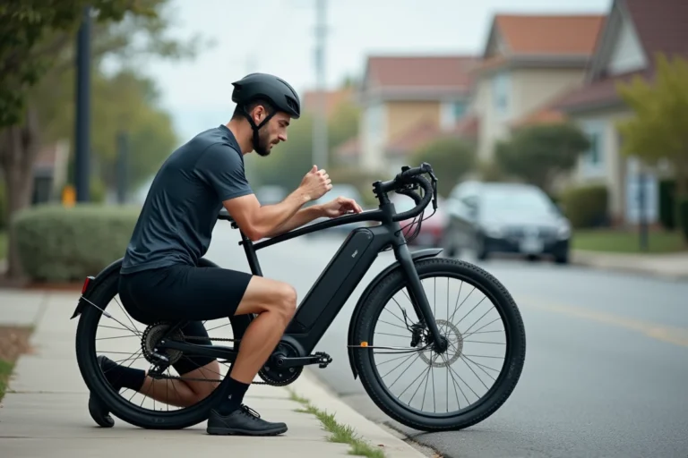 Cycliste inspectant la batterie d'un vélo électrique Decathlon en cas de panne d'assistance