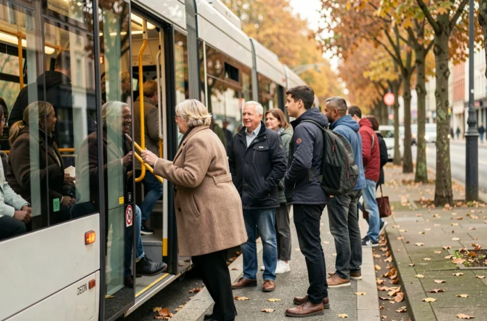 Passagers montant dans le tramway ligne 2 à Nantes lors d'une matinée de semaine
