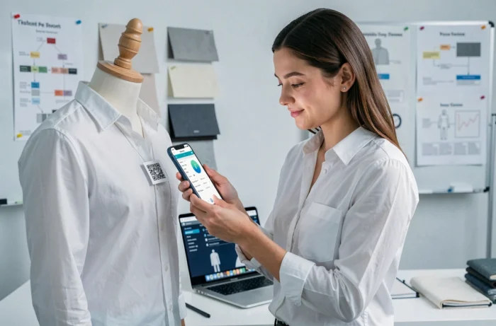 Designeuse scannant un QR code de passeport numérique produit intégré à un vêtement en conception