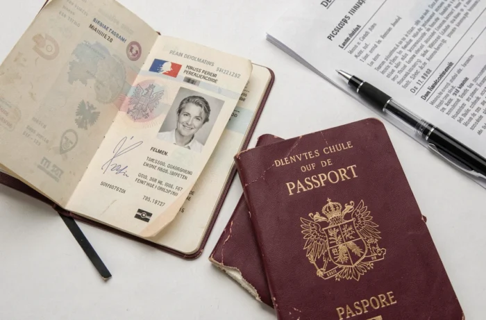 Deux passeports français posés sur une surface blanche avec un stylo et un document administratif